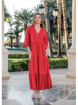 Сукня міді з бавовняного шиття на ґудзиках 5085-F-red-C